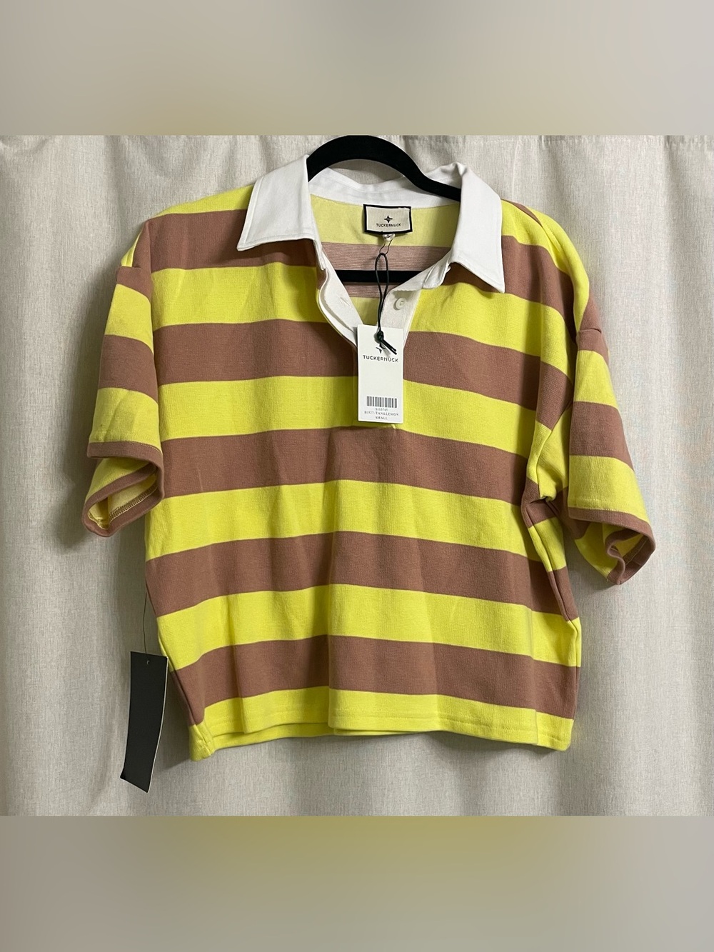 NWT Tuckernuck Wesley Rugby Shirt Tan Lemon Stripe Polo Top S